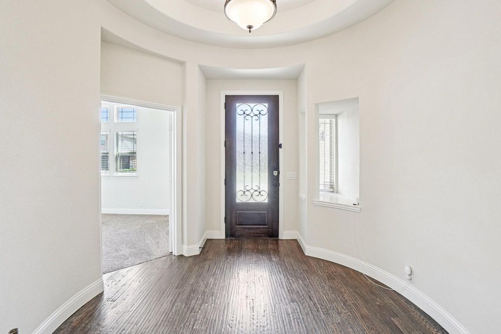 Foyer entrance featuring dark wood-type flooring