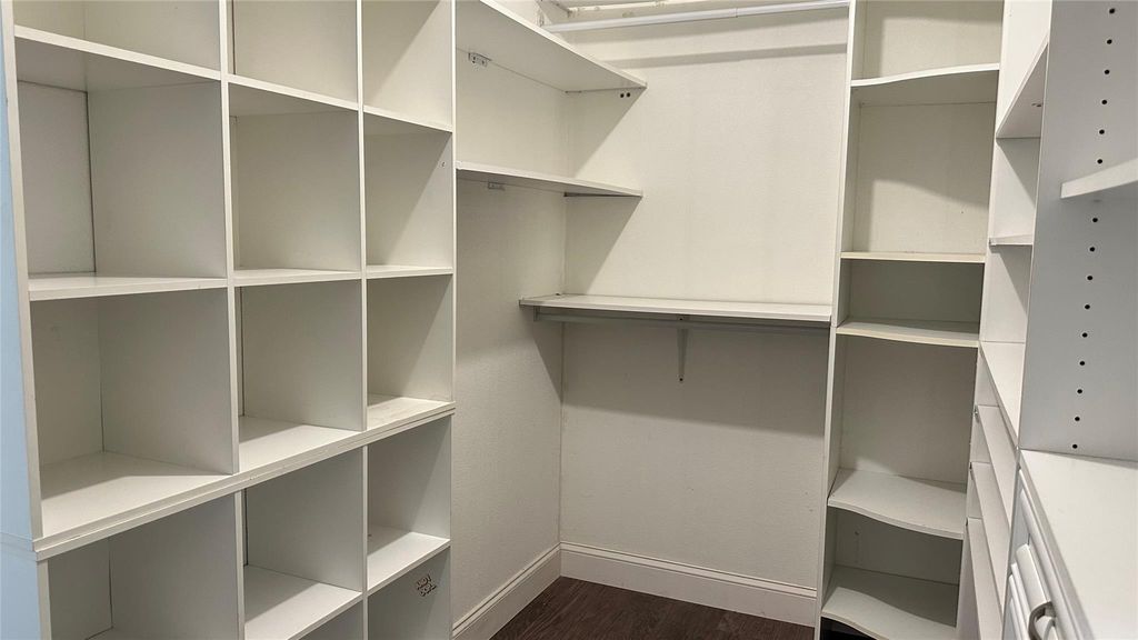 Walk in closet featuring dark wood-style flooring