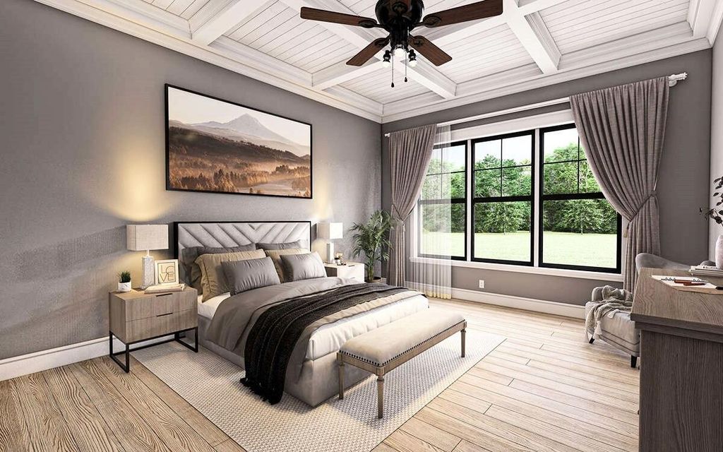 Bedroom featuring coffered ceiling, wood finished floors, a wooden ceiling with exposed beams, and a ceiling fan