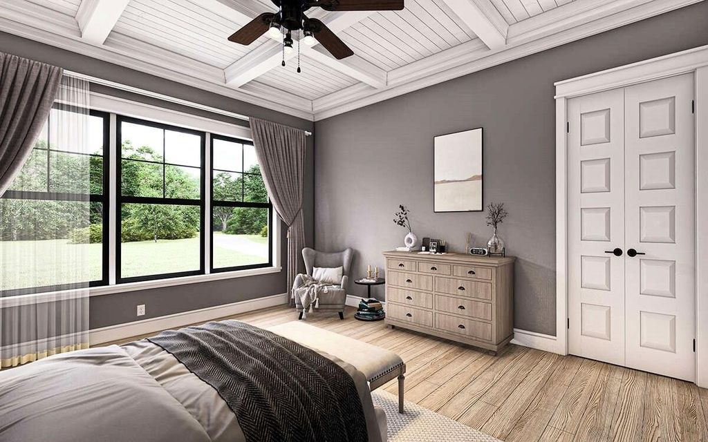 Bedroom with coffered ceiling, light wood-style flooring, a wooden ceiling with exposed beams, a ceiling fan, and ornamental molding