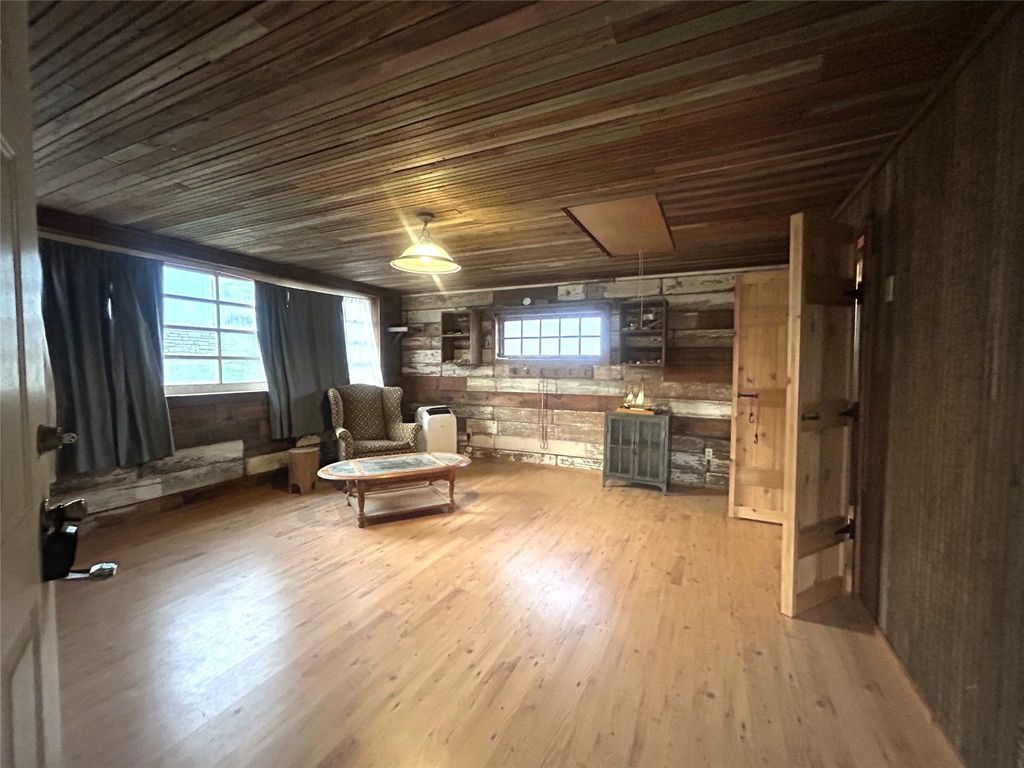 Living area featuring wood finished floors, wooden ceiling, and wood walls