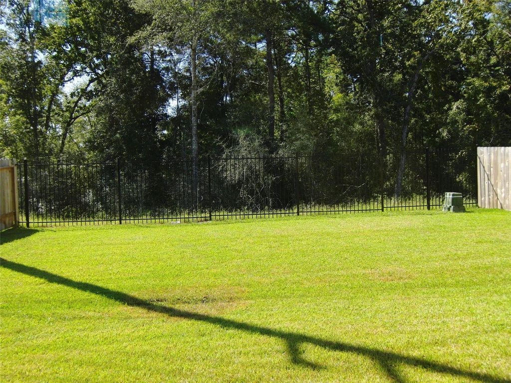 Backyard bordered by a metal fence and tall trees, providing a serene and private setting.